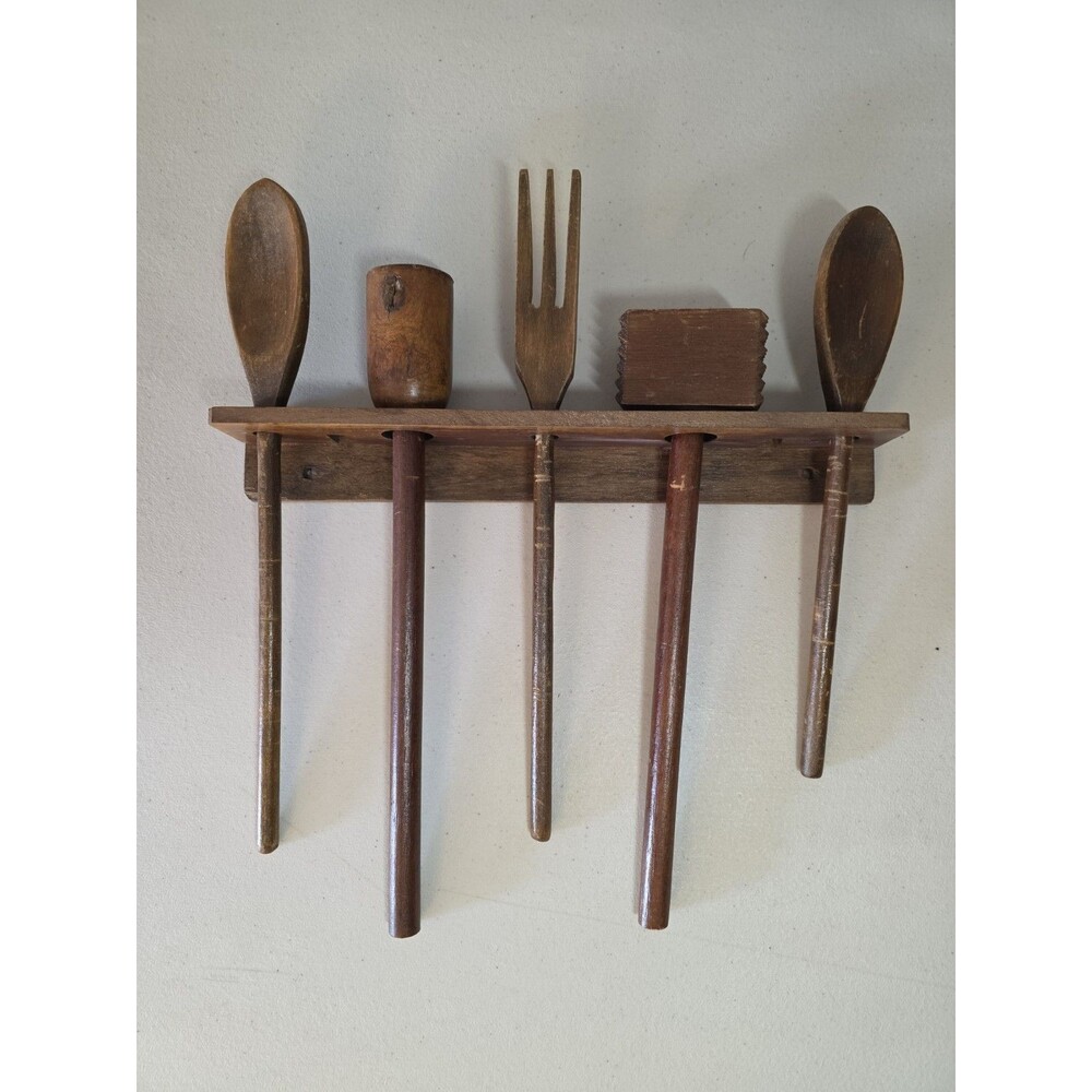Vtg Primitive Wooden County Farmhouse 6 Piece Utensil Set Missing Rolling Pin
